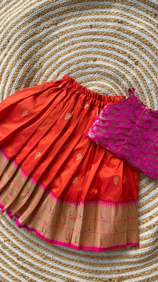Orange and pink Paithani skirt and top