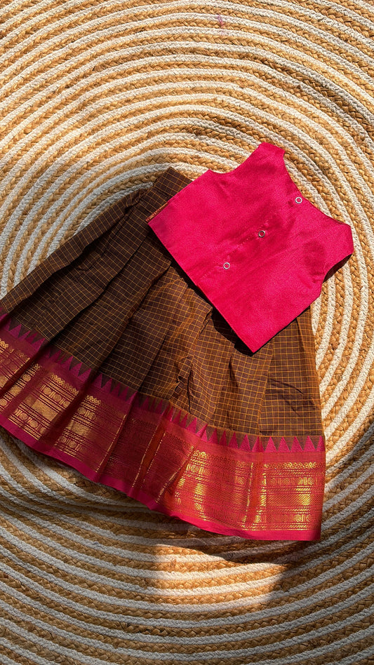 Brown & Pink Cotton skirt and crop top Set(V neck)