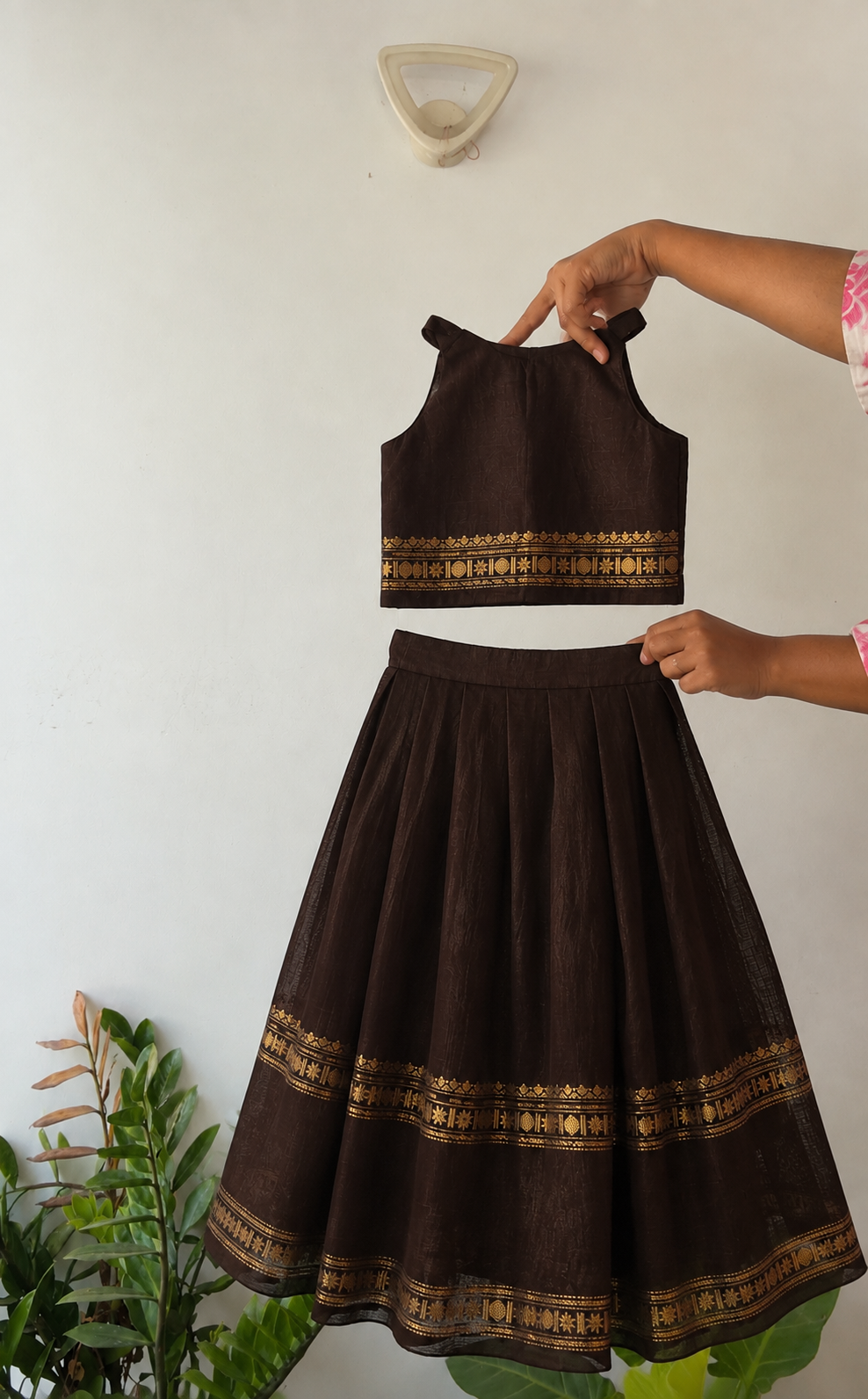 skirt and crop top - dark brown halter neck