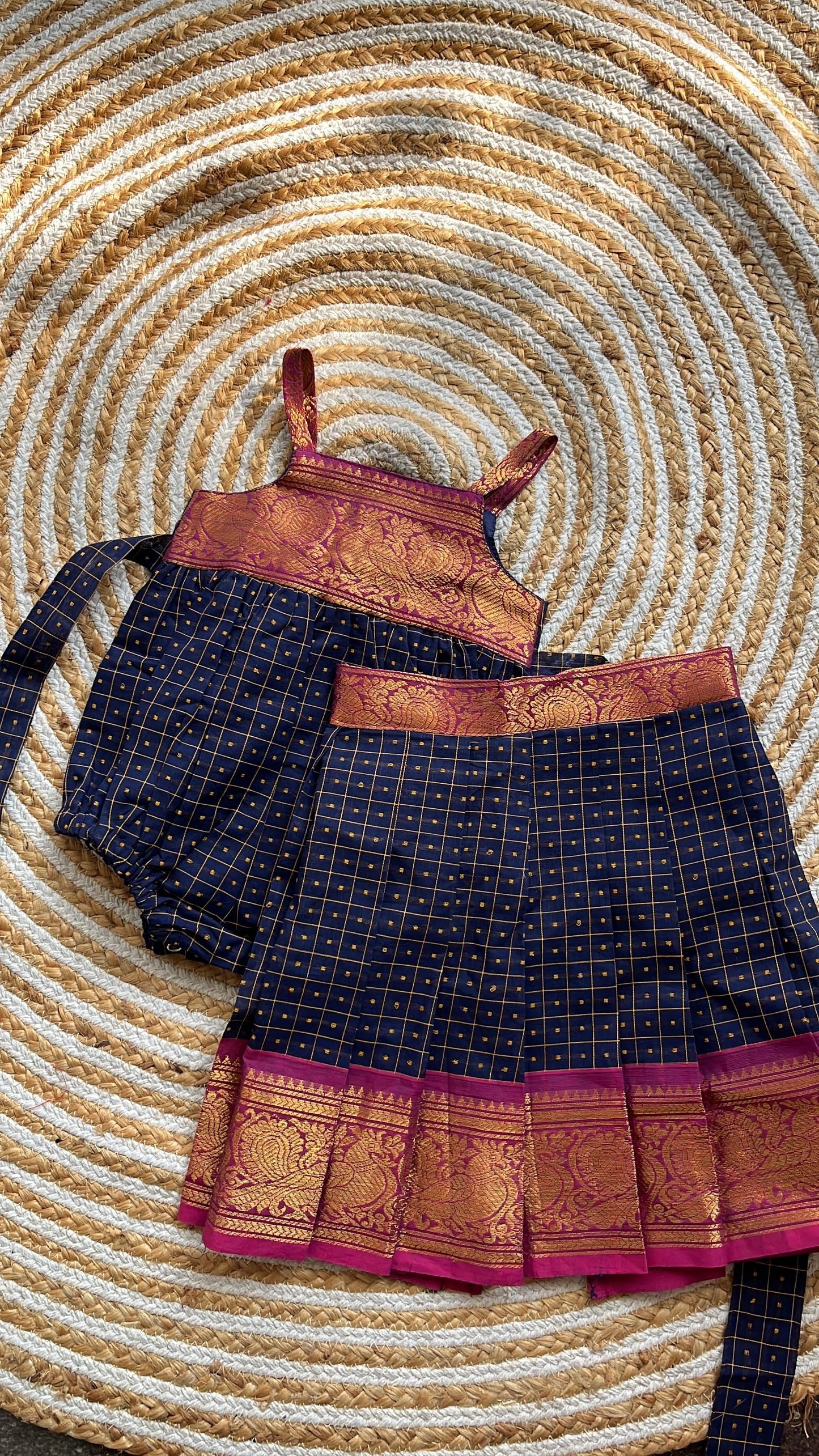 3 in one romper and skirt - Navy blue dots