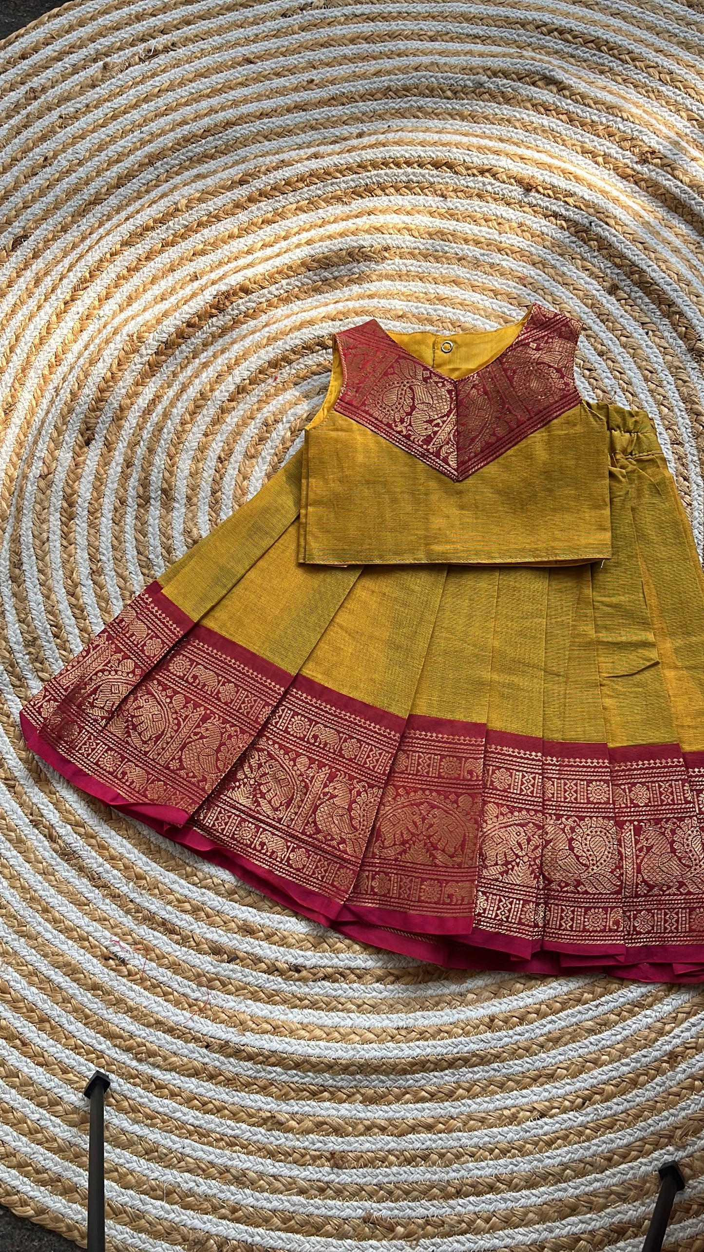 Mustard Green & Pink Cotton skirt and top Set(V neck)