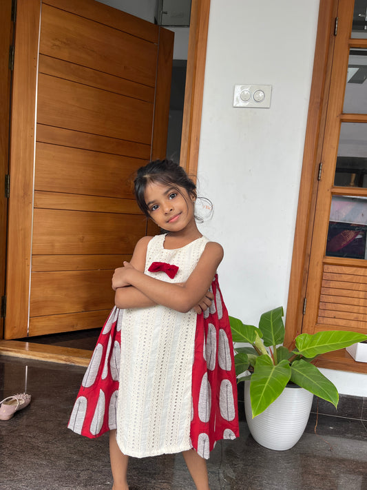 Cotton frock -cream + red