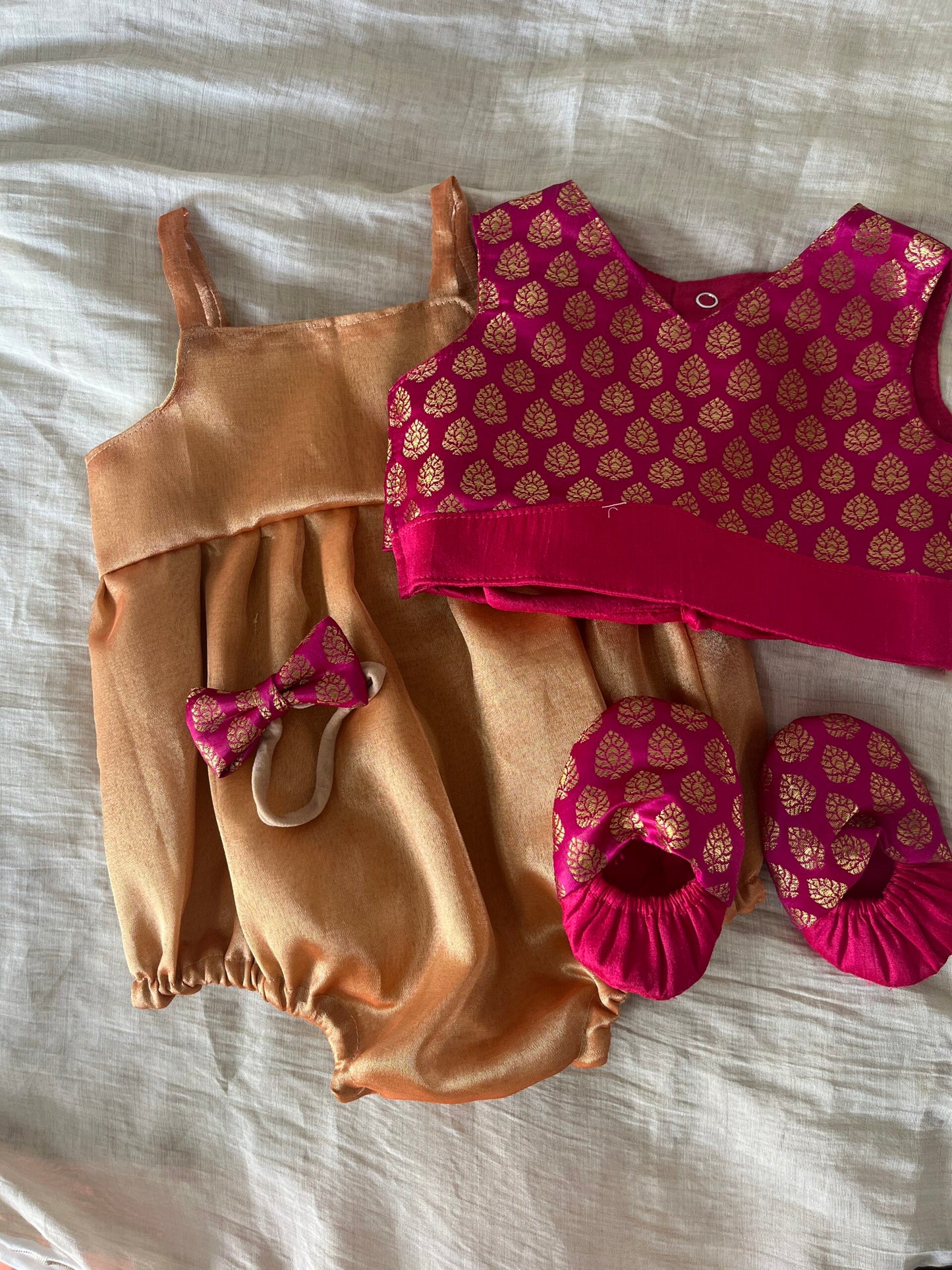 Brocade blouse and romper pink