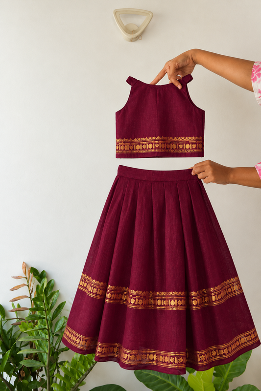 skirt and crop top - light brown / dark maroon halter neck