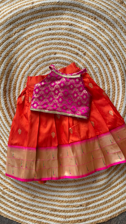 Orange and pink Paithani skirt and top
