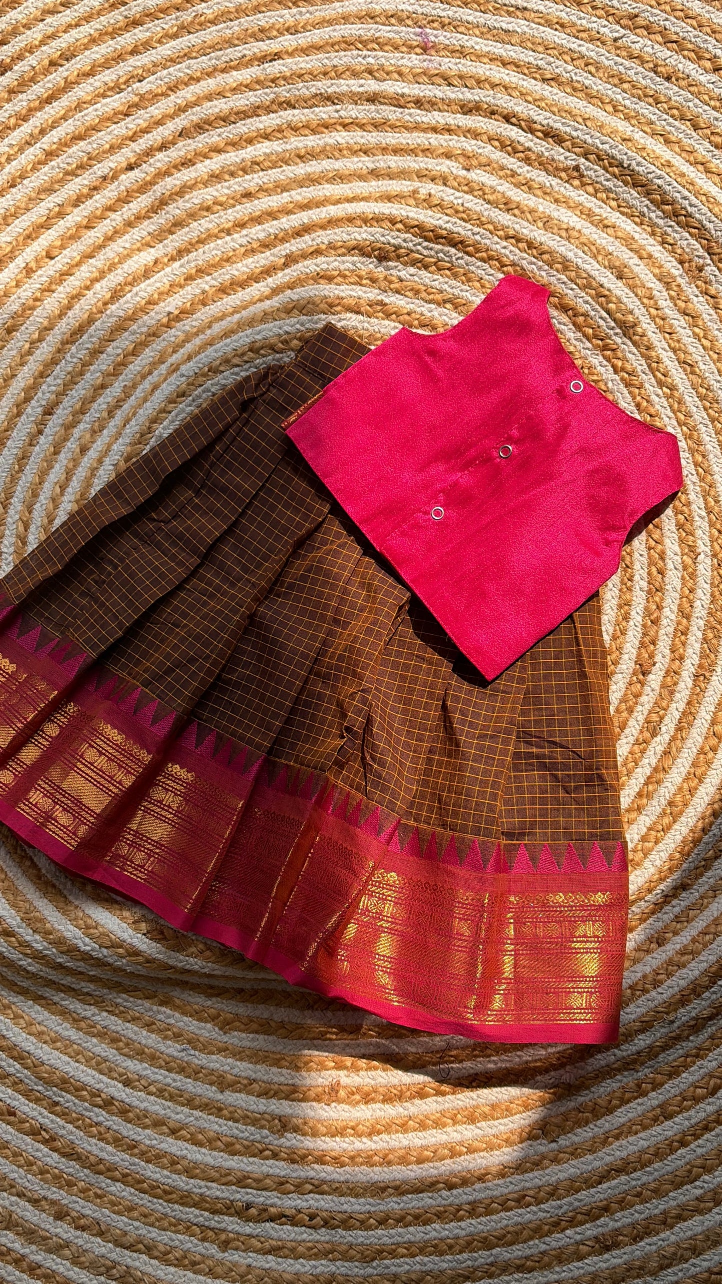 Brown & Pink Cotton skirt and crop top Set(V neck)