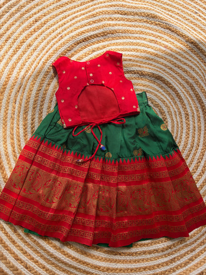 Semi silk Skirt and crop top - green/ red