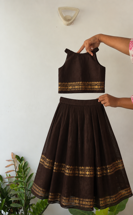 skirt and crop top - dark brown  halter neck