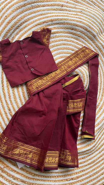 Pre pleated Saree-marron 6M- 5 years only