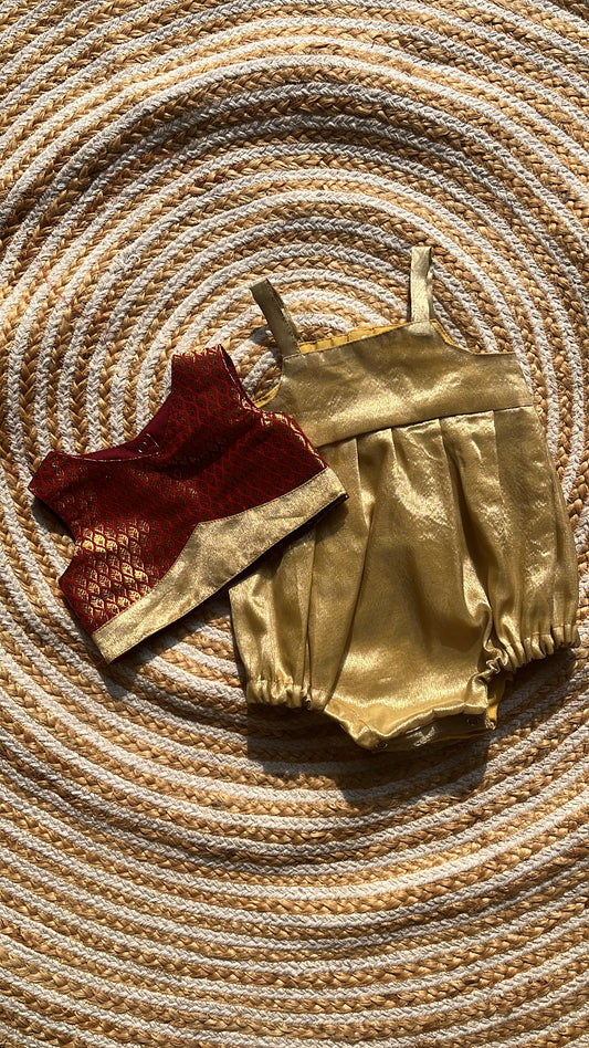 Brocade blouse and romper- golden and maroon