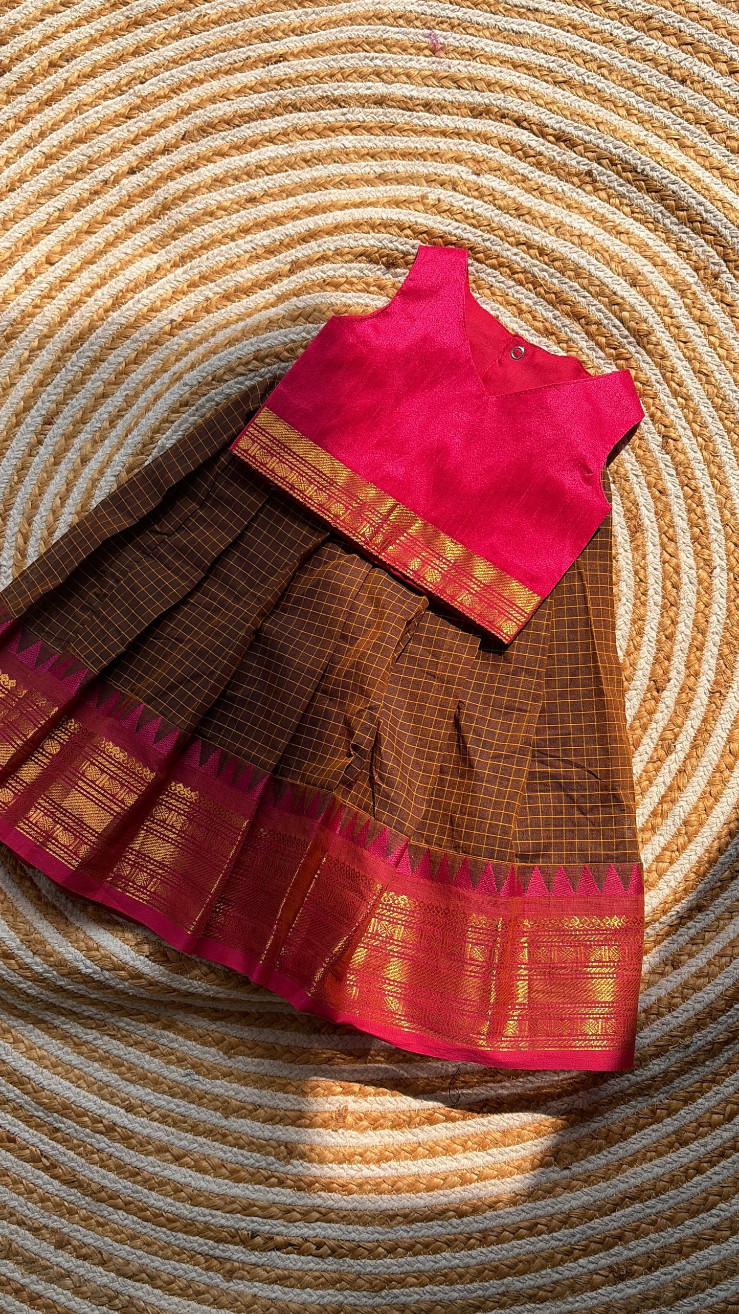 Brown & Pink Cotton skirt and crop top Set(V neck)