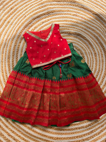 Semi silk Skirt and crop top - green/ red