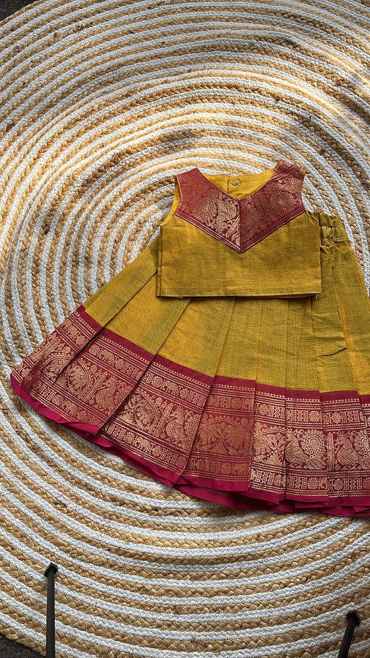 Mustard Green & Pink Cotton skirt and top Set(V neck)