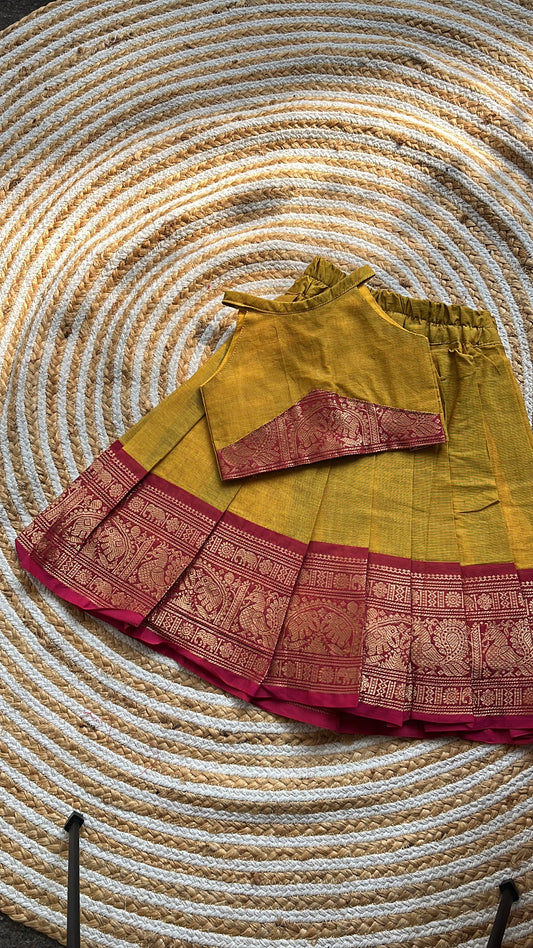 Mustard Green & Pink Cotton skirt and top Set
