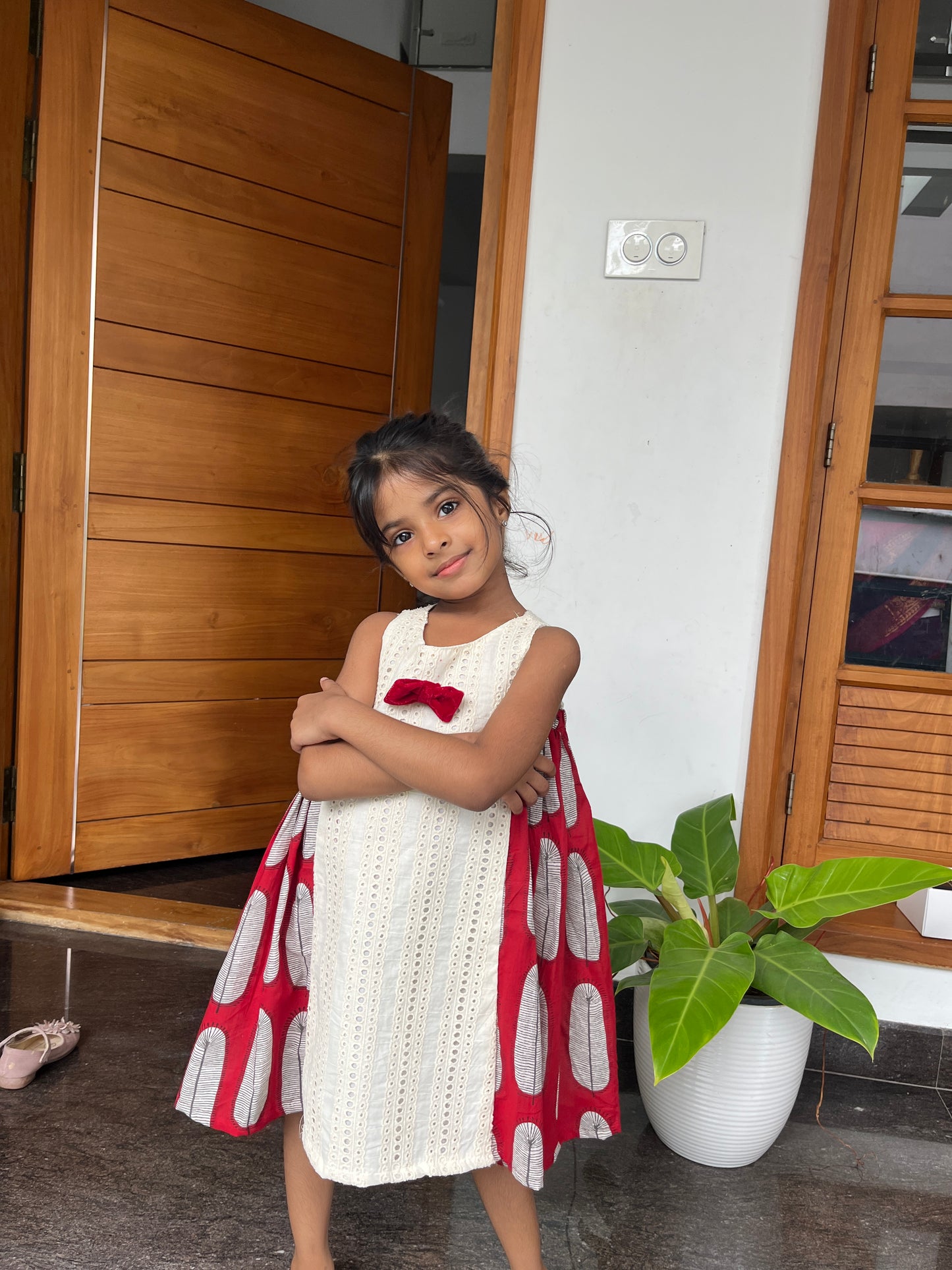 Cotton frock -cream + red