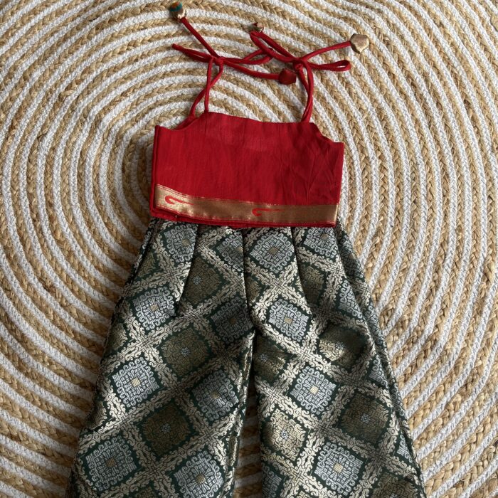 Brocade pant and top set( red top green pant )